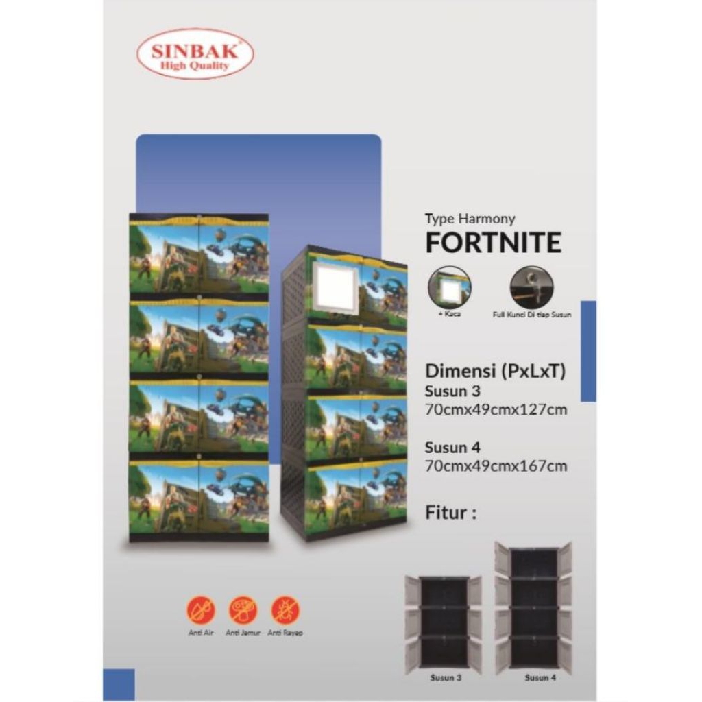 Lemari plastik murah sinbak harmony susun 4 + kaca motif FORTNITE