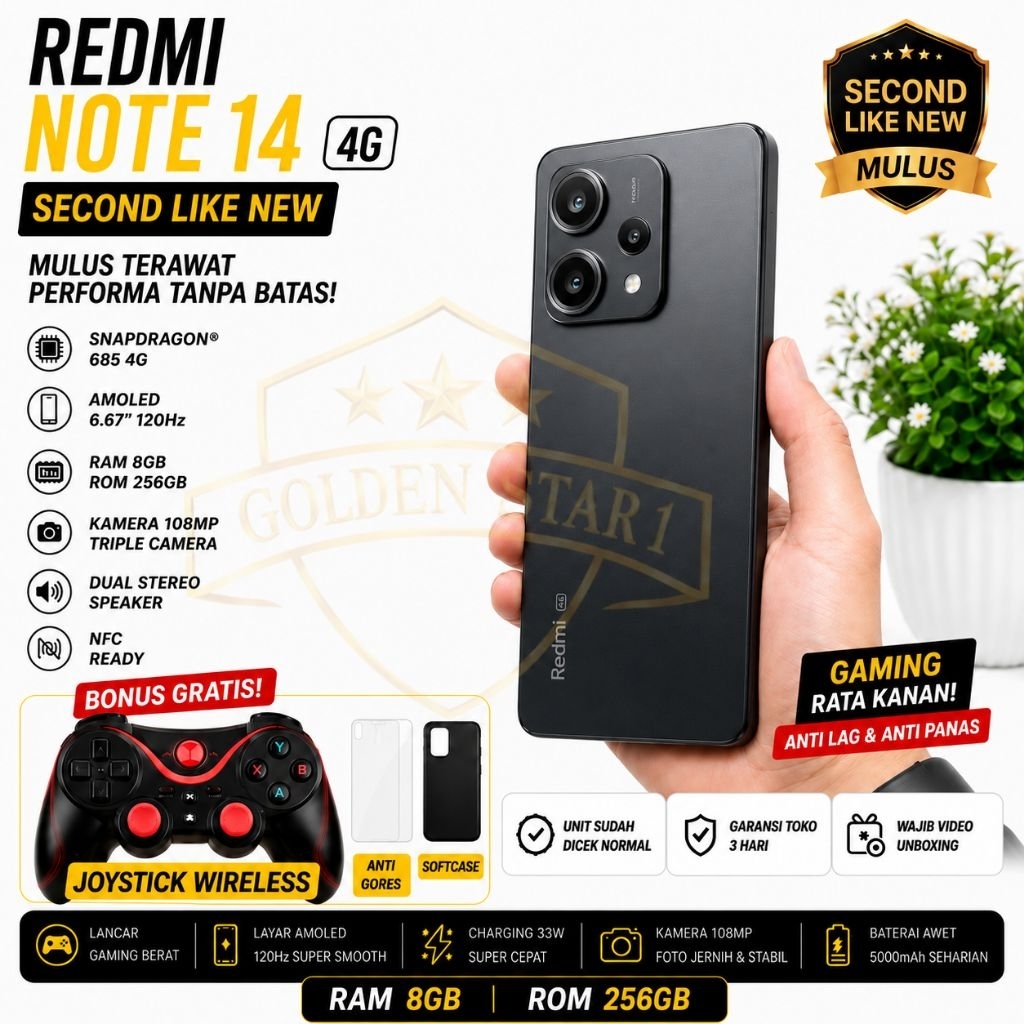 Redmi Note 14 4G RAM 8/256GB Second Like New Bonus Joystick Softcase Anti Gores