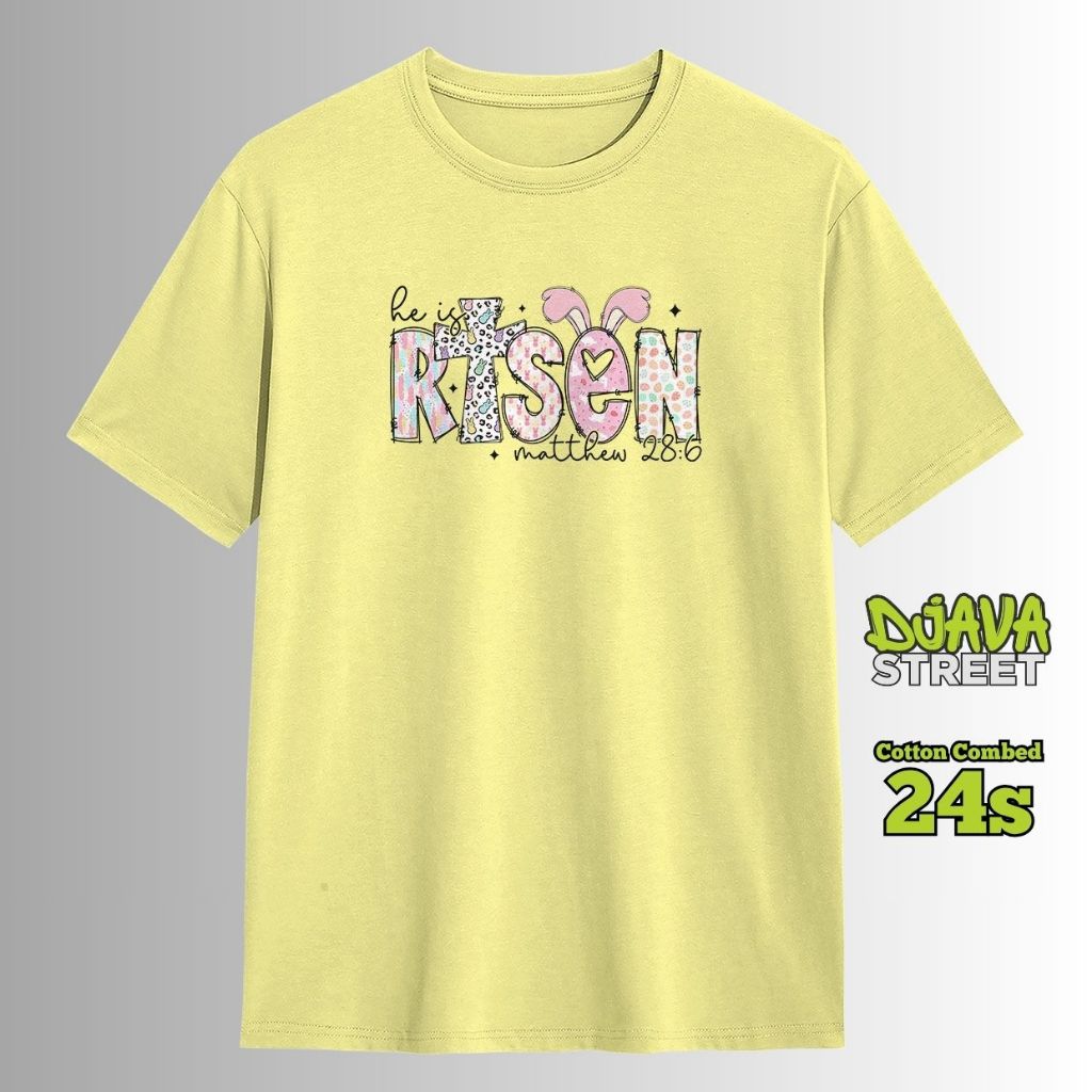 Kaos He Is Risen Matthew 28 Bunny T-shirt Distro Unisex Pria Wanita Baju Rohani Kristen Katolik Leng