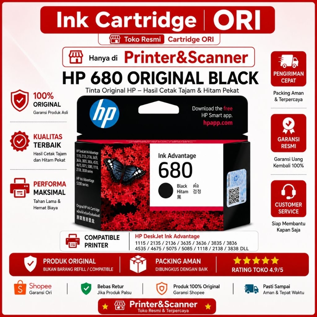 Tinta Hp 680 Black Original/Cartridge Hp 680 Hitam ORI/Tinta Printer Hp 680 Black
