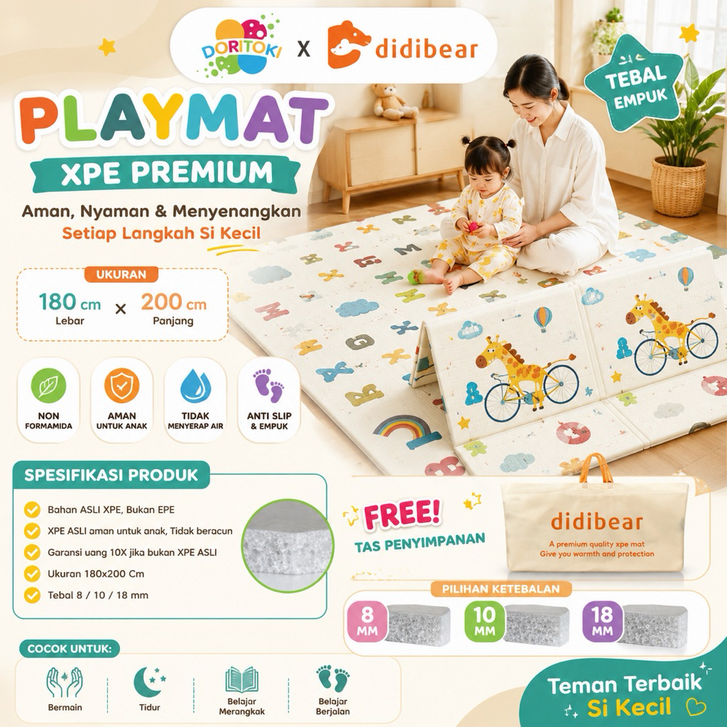 Doritoki Playmat XPE Non Formamida Aman untuk Anak Matras Bayi Lipat Edukasi 180x200 Karpet Lantai B