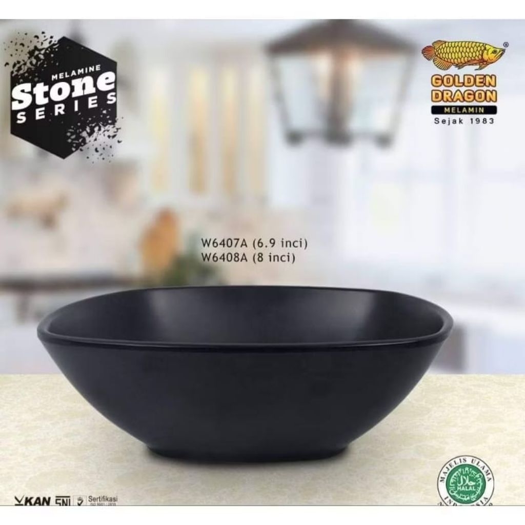 Mangkok Kotak Melamin Stone 7 Inch - Mangkok Mie - Mangkok Persegi  - Golden Dragon W6407A