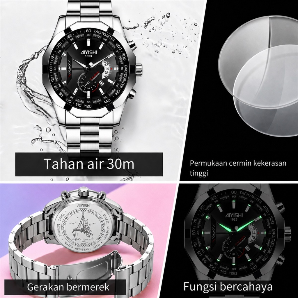 new arrival aiyishi 1623 jam tangan pria luxury stainless steel quartz original tahan air watch +