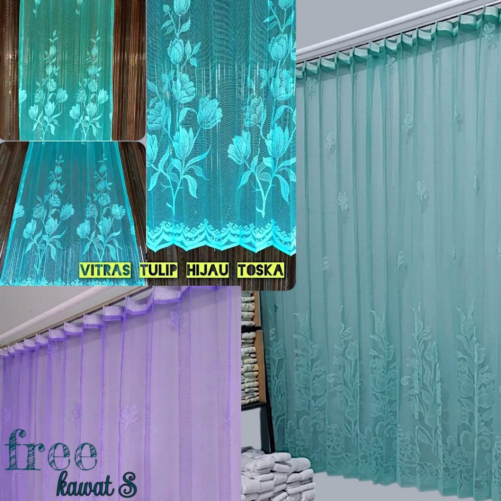 Tirai puring transfaran/Gorden Vitrase bunga tulip warna hijau tosca/Lapisan Hordeng murah model pli