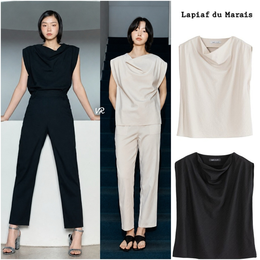 LPF 02 - ATASAN WANITA KOREA COWL NECK BLOUSE HITAM CREAM