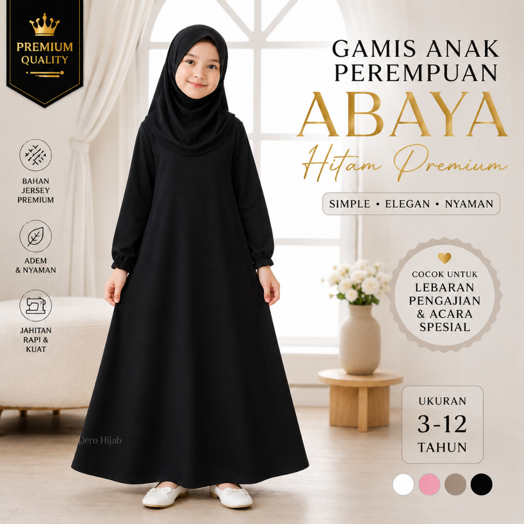 Gamis Anak Perempuan Hitam Abaya Premium Umur 3-12 Tahun Dress Muslim Anak Muslimah Polos Lengan Pan