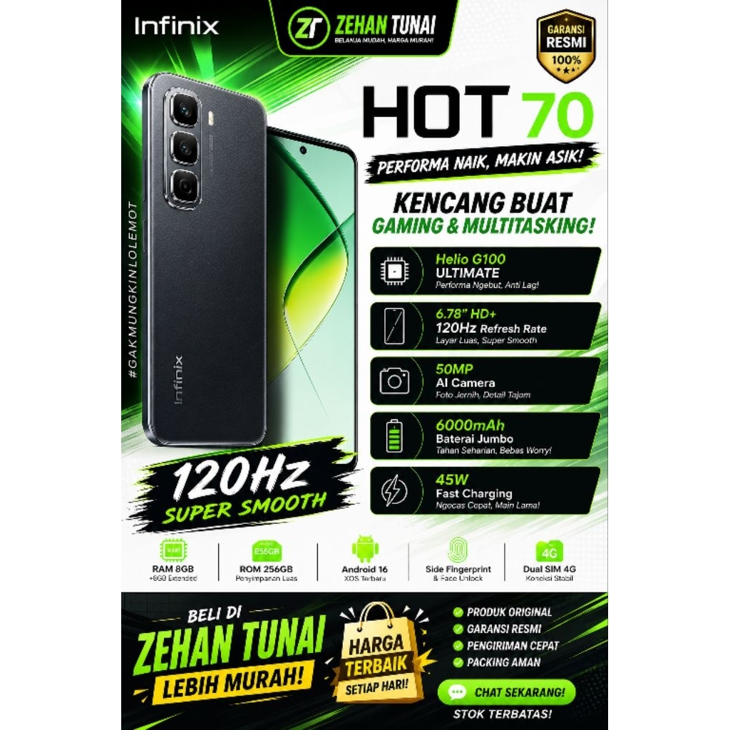 Infinix HOT 70 Terbaru 2026 | Helio G100 | Kamera 50MP | RAM Besar | Original Garansi