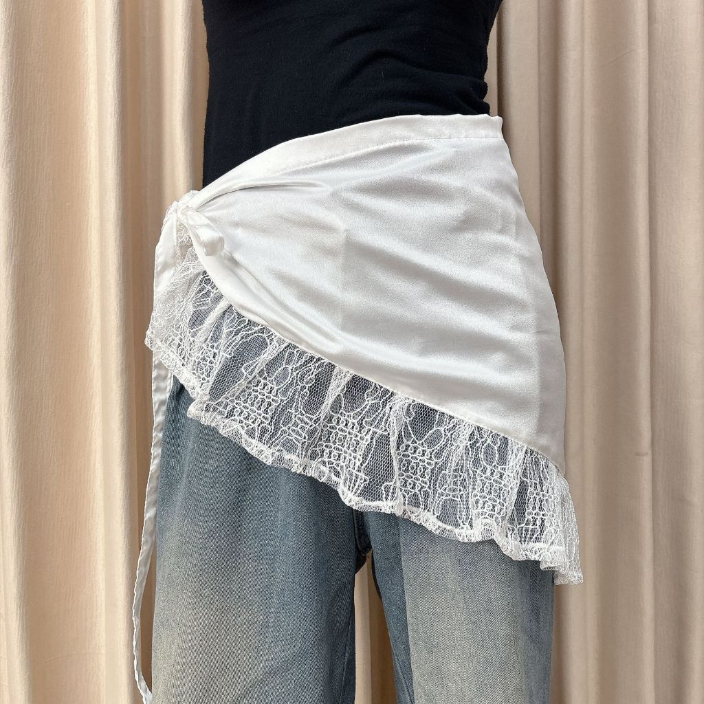 Delova Wardrobe - LAYERING LACE SKIRT SATIN RENDA Stacked Rok korea mix Renda Brukat Tali Kerudung Pinggul Layered Wrap Gauze Elegant with Adjustable Strap OOTD Versatile Up Hem With Buttocks Covering Fei Curtain Wanita Remaja Ivory Bloom Style Rok Ikat P