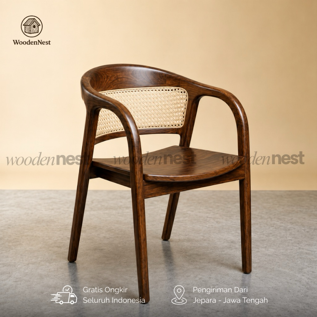 Kursi Makan Kayu Jati Solid Sandaran Rotan Barrel Chair Minimalis - Kursi Cafe Ruang Tamu Elegan Pre
