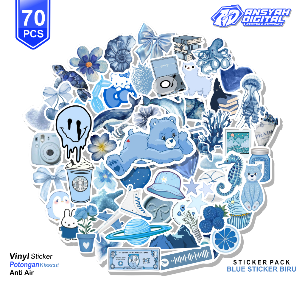 Sticker Pack Blue Aesthetic 70 PCS | Stiker Vinyl Waterproof Anti Air untuk Laptop Helm HP Tumbler