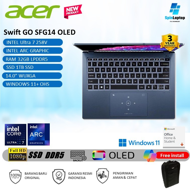 Laptop ACER Swift GO Oled SFG14 Intel Ultra 7 258V EVO RAM 32GB 1TB Layar WUXGA BLU 3 Tahun Resmi