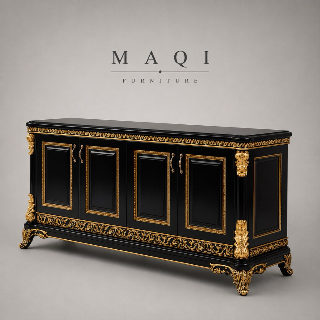 MAQI Luxury Sideboard Kayu Jati Ukiran Jepara Buffet Cabinet 4 Pintu Furniture Klasik Premium