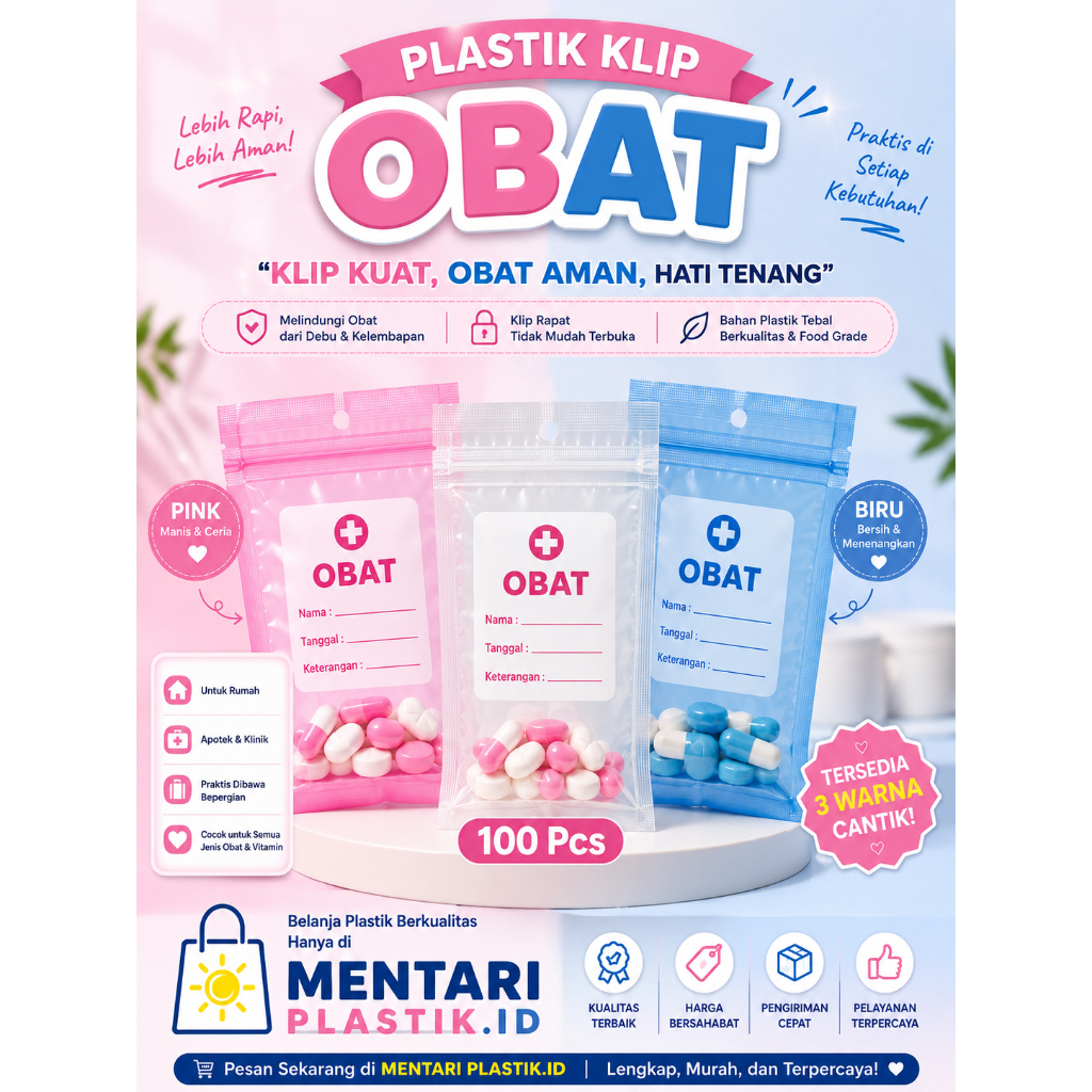 Plastik Klip Obat Apotek Pink-Biru-Bening isi 100 Pcs - Kantong Obat Ziplock Mini Tebal Kuat Kemasan