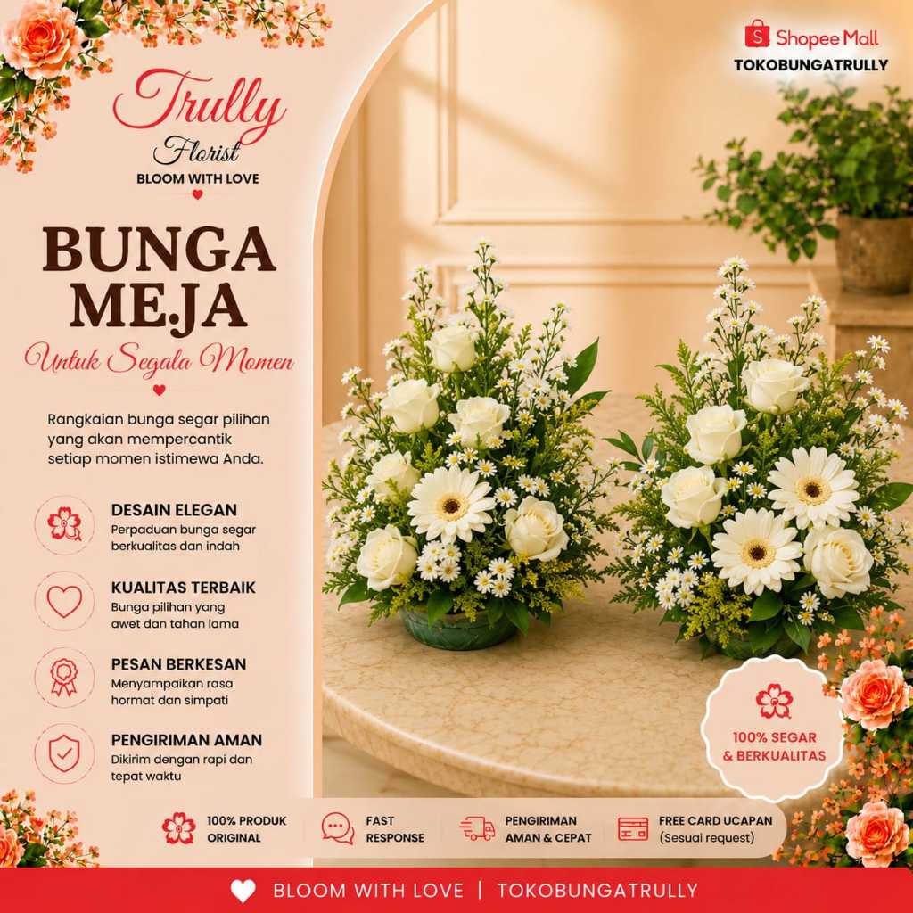 BUNGA MEJA MAWAR | CENTERPIECE MAWAR PUTIH | BUNGA ASLI MAWAR PUTIH - TRULLY FLORIST BM20