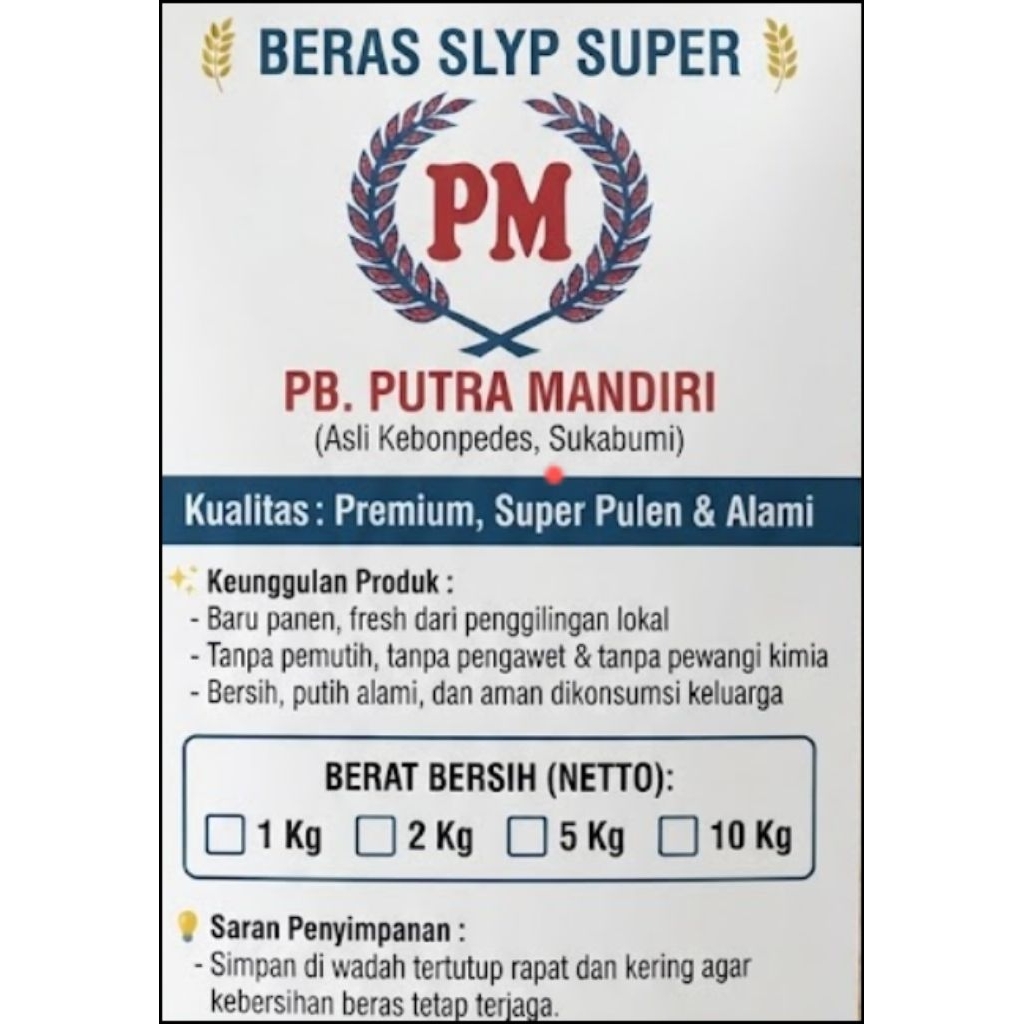 Beras Slyp Super PM Putra Mandiri Asli Sukabumi 10kg 25kg - Beras Putih Premium Pulen Alami Fresh da