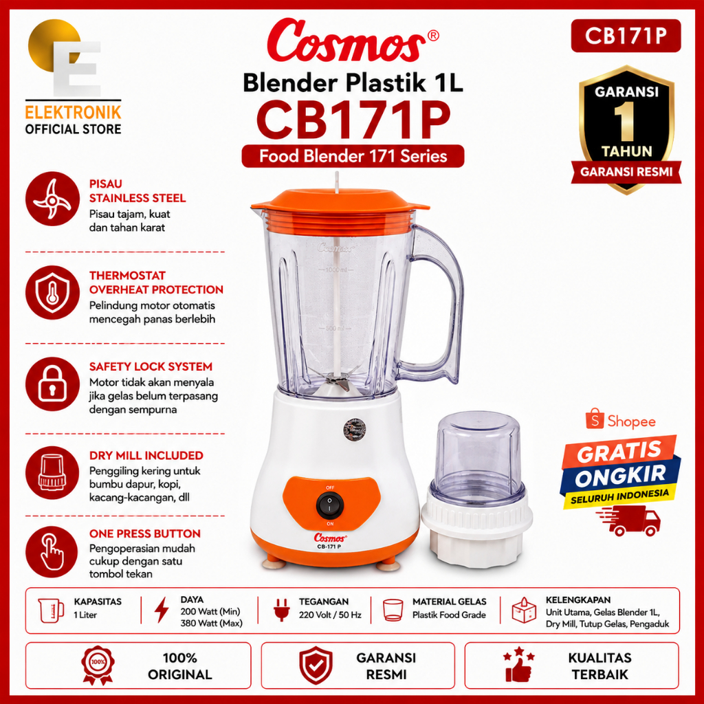 Cosmos CB171P Blender Plastik 1L Pisau Stainless Steel Thermostat Overheat Protection 171 Series Foo