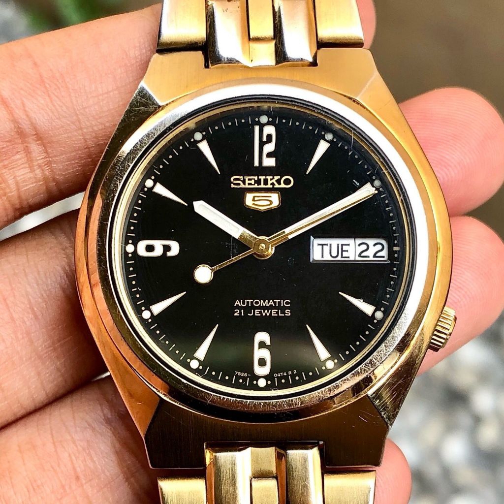 Seiko 5 Automatic Gold Black Dial 7S26-01T0