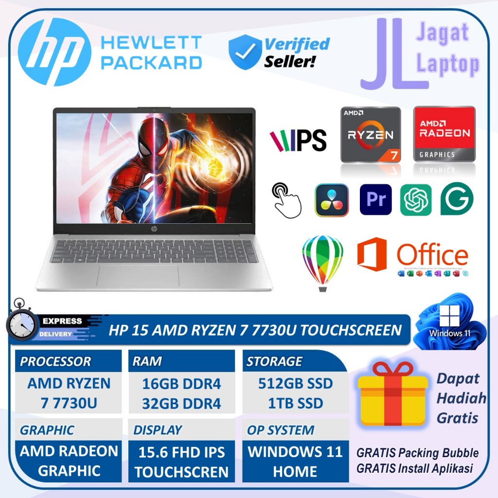 Laptop HP 15 Ryzen 7 7730U 32GB 1TB SSD Touchscreen 15.6 FHD IPS Windows 11