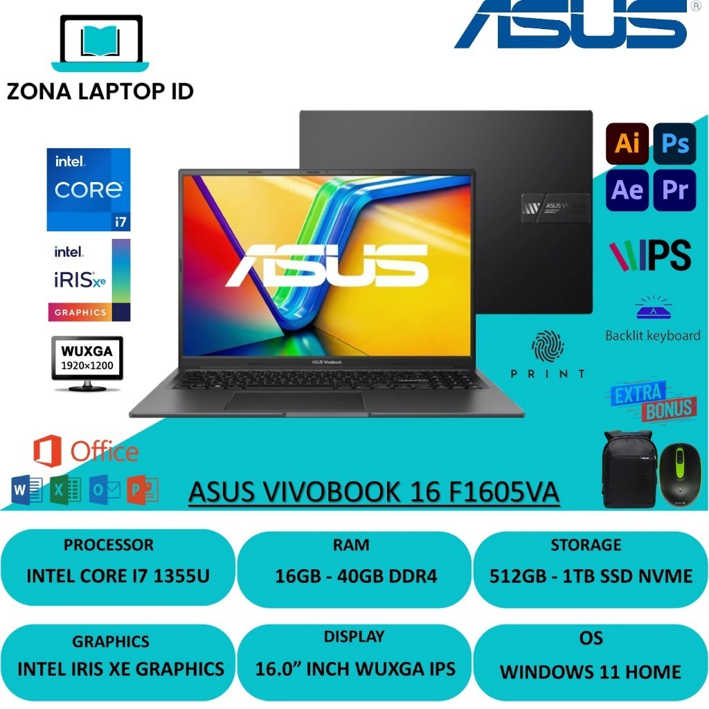 Asus Vivobook 16 F1605VA Core i7 Ram 40GB 1TB SSD 16.0 Layar WUXGA IPS Windows 11 Black
