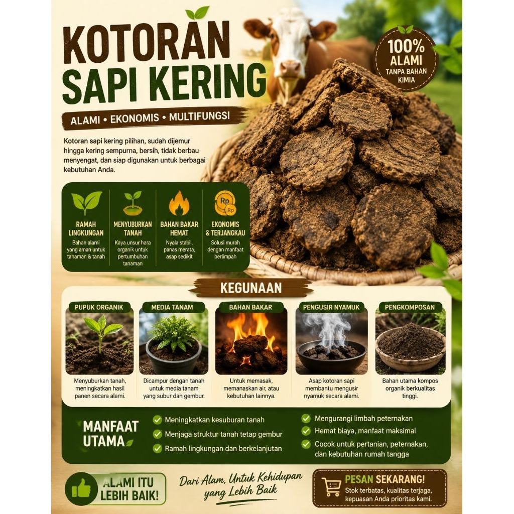 Kotoran Sapi Murni Kering 1kg Siap Pakai ,Pupuk Kandang, Pertanian