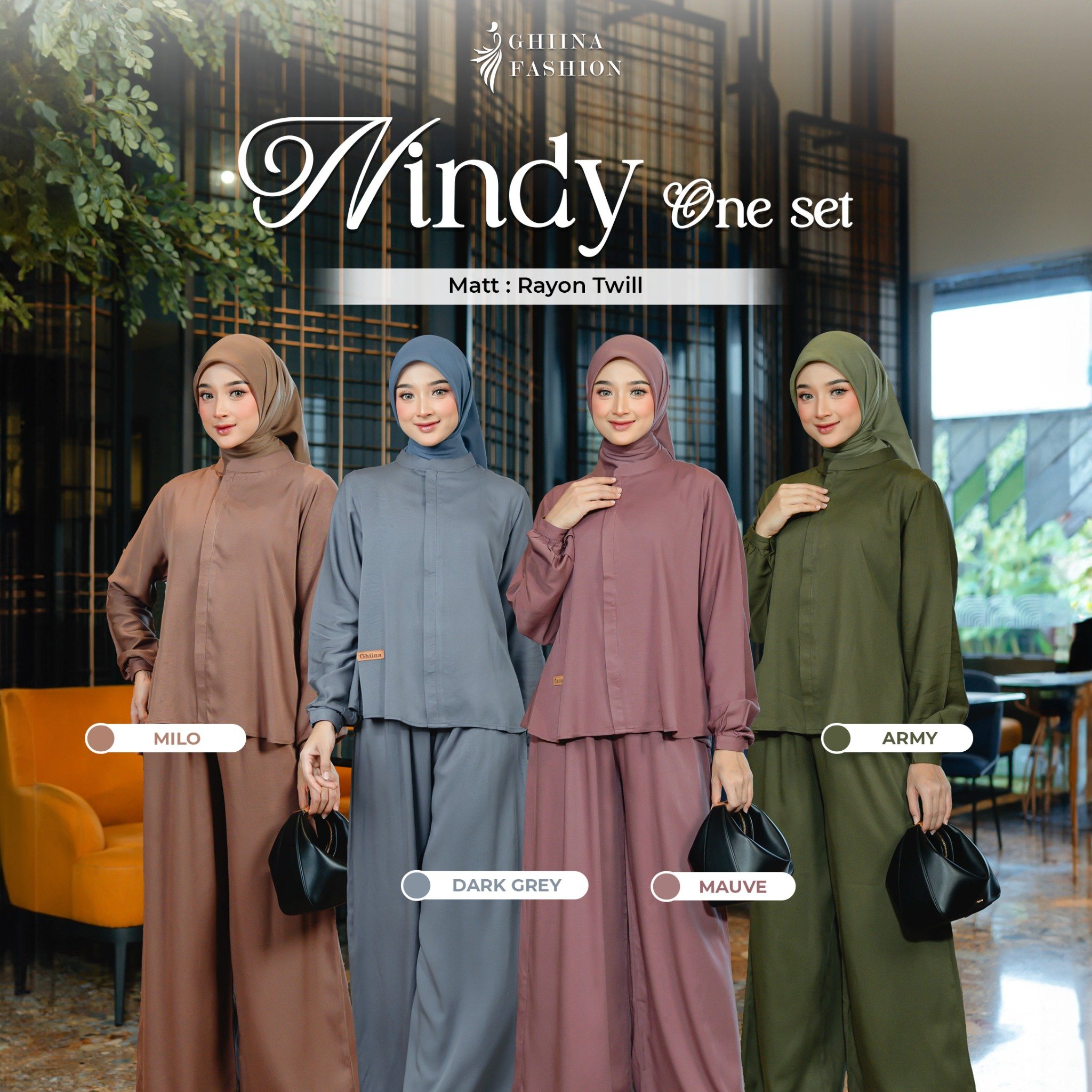 Nindy one set, setelan ghiina fashion, ome set rayon twill, one set polos,setelan adem