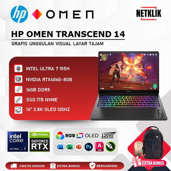 HP Omen Transcend 14 OLED Ultra 7 155H 16GB DDR5 1TB SSD RTX4060 RGB 120HZ WIN11