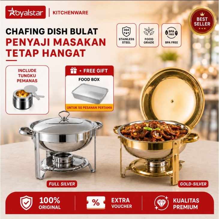Royalstar Wadah Prasmanan Chafing Dish Stainless Steel  Premium – Pemanas Makanan Prasmanan Elegan u