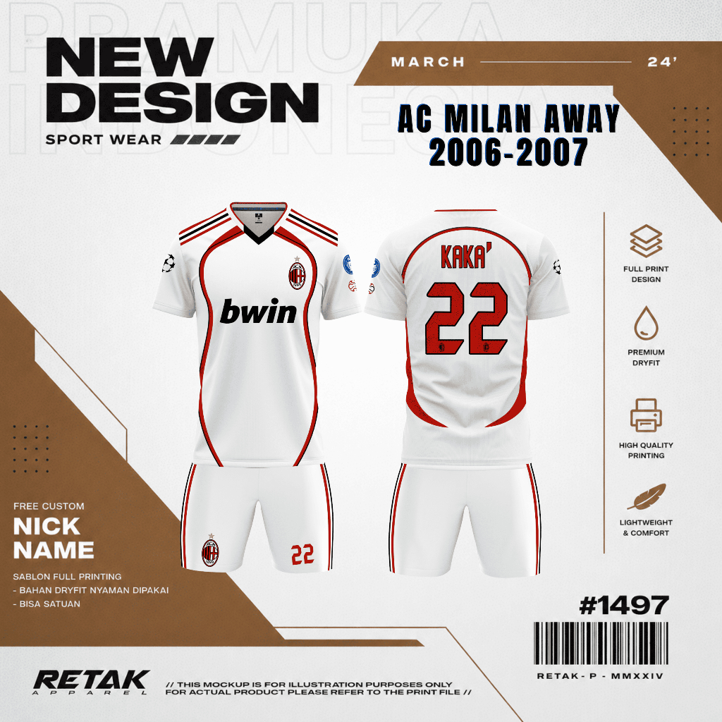 JERSEY AC MILAN AWAY 2006-2007 PENDEKTERBARU FREE CUSTOM NAMA DAN NOMOR UNTUK DEWASA DAN ANAK ANAK