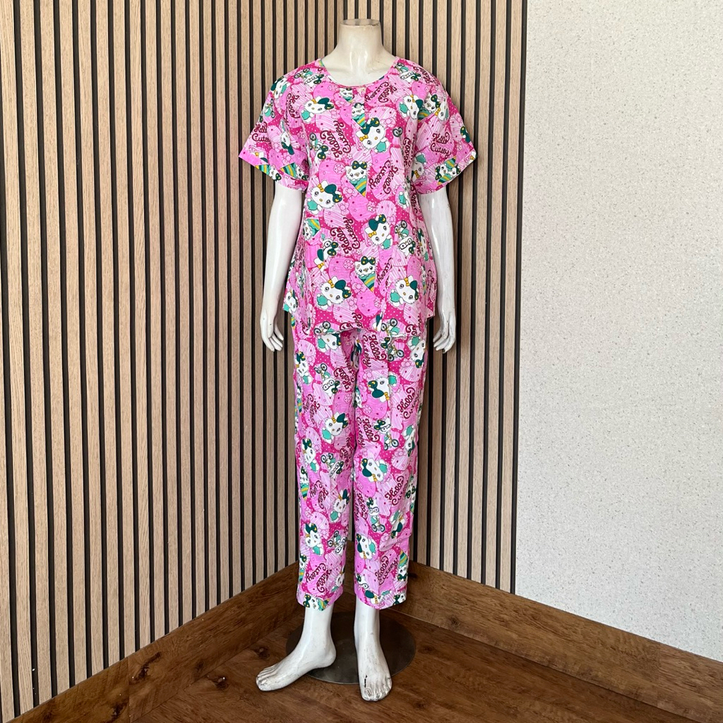 [AJ] - Setelan Baju Tidur Wanita Katun Merlin Lengan Pendek Celana Panjang Standar Kancing 2 Ld 110 