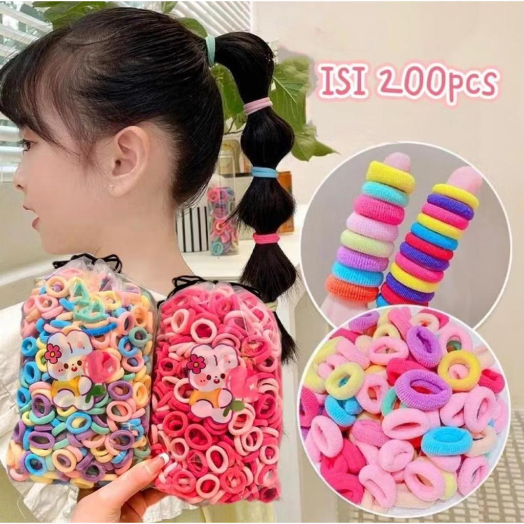 Jellaclipe IKAT RAMBUT ISI 200 PCS KUNCIRAN RAMBUT ANAK TALI RAMBUT ELASTIS MODEL DONAT MINI WARNA W