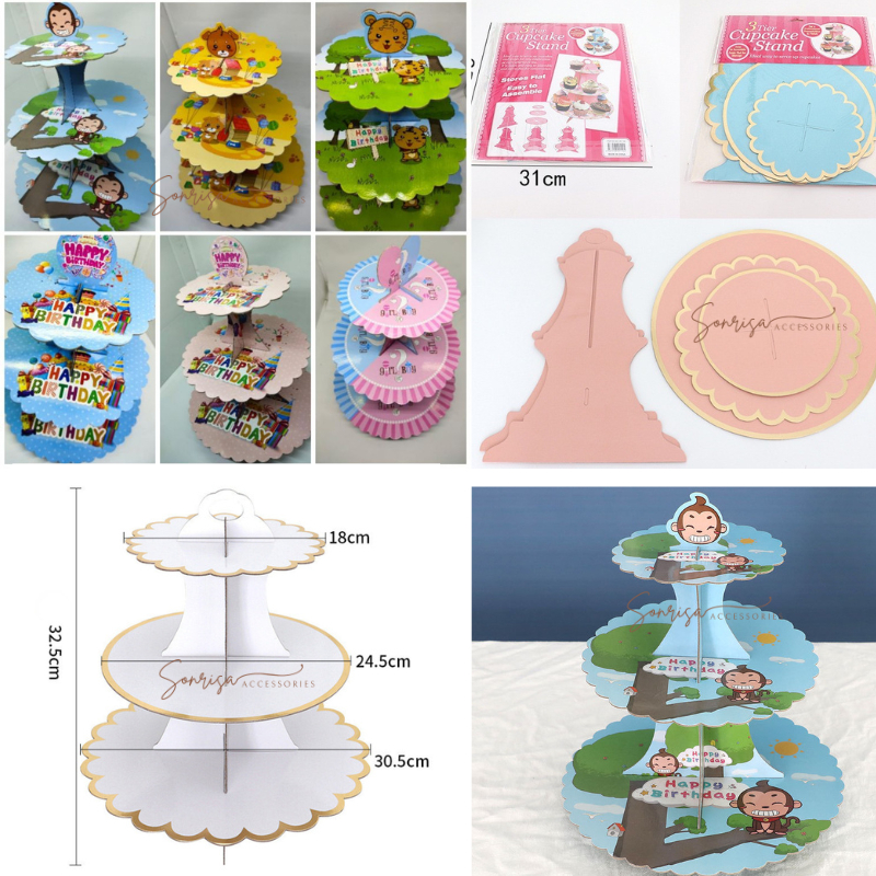 SONRISA - Tatakan Kue Ulang Tahun 3 Tingkat Motif Happy Birthday / Cupcake Stand 3 Susun / Tier Cake