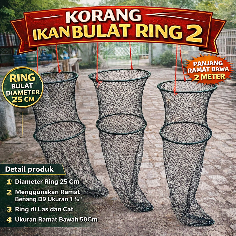 korang/kerumbu/koja Bulat Ring 2/Jaring Penampung Tempat Ikan Hasil Mancing Bahan Troll/Nilon Kuat d