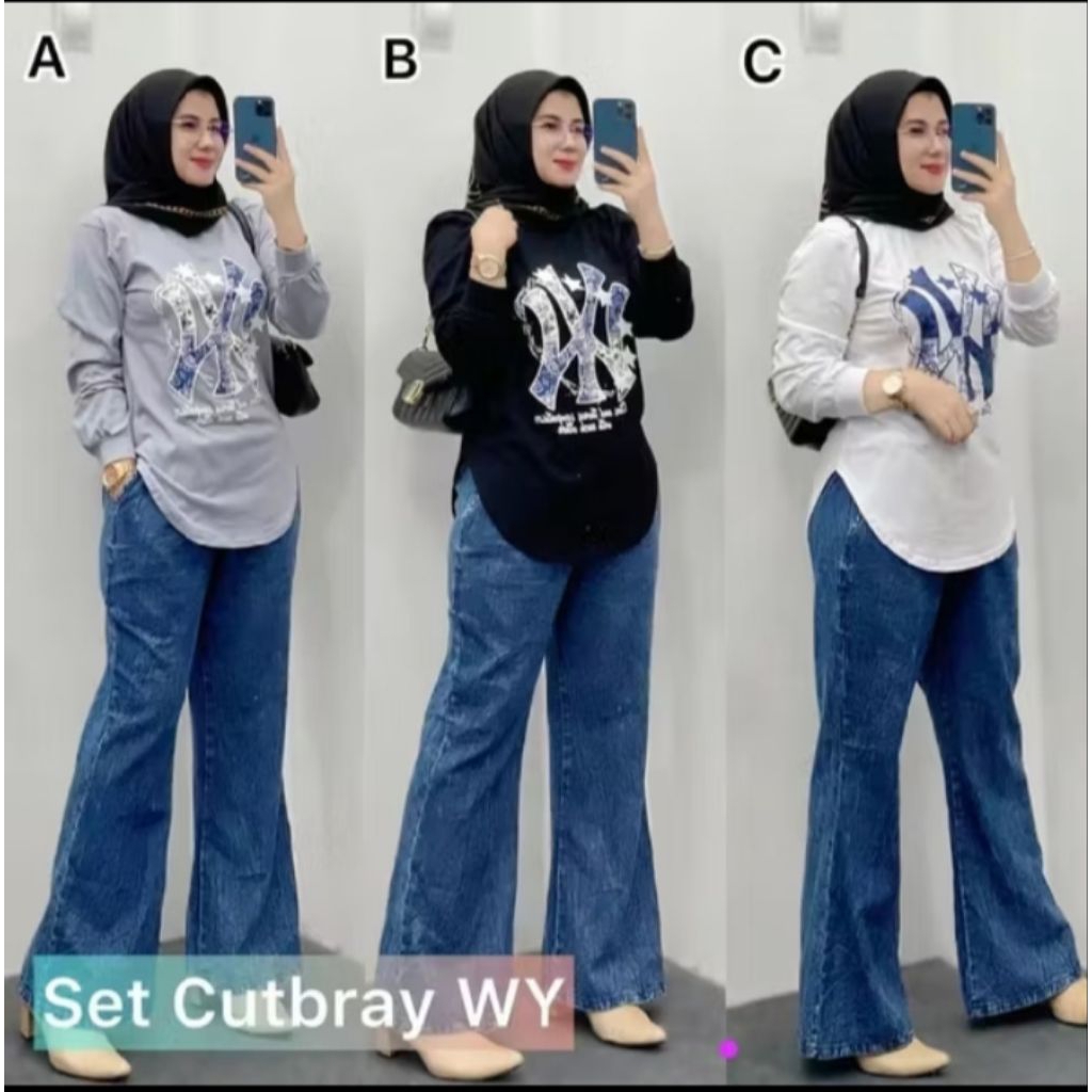 Setelan Celana Jeans Wash Denim Kaos Combad Sablon NYC Kulot Cutbray  - One Set Wanita
