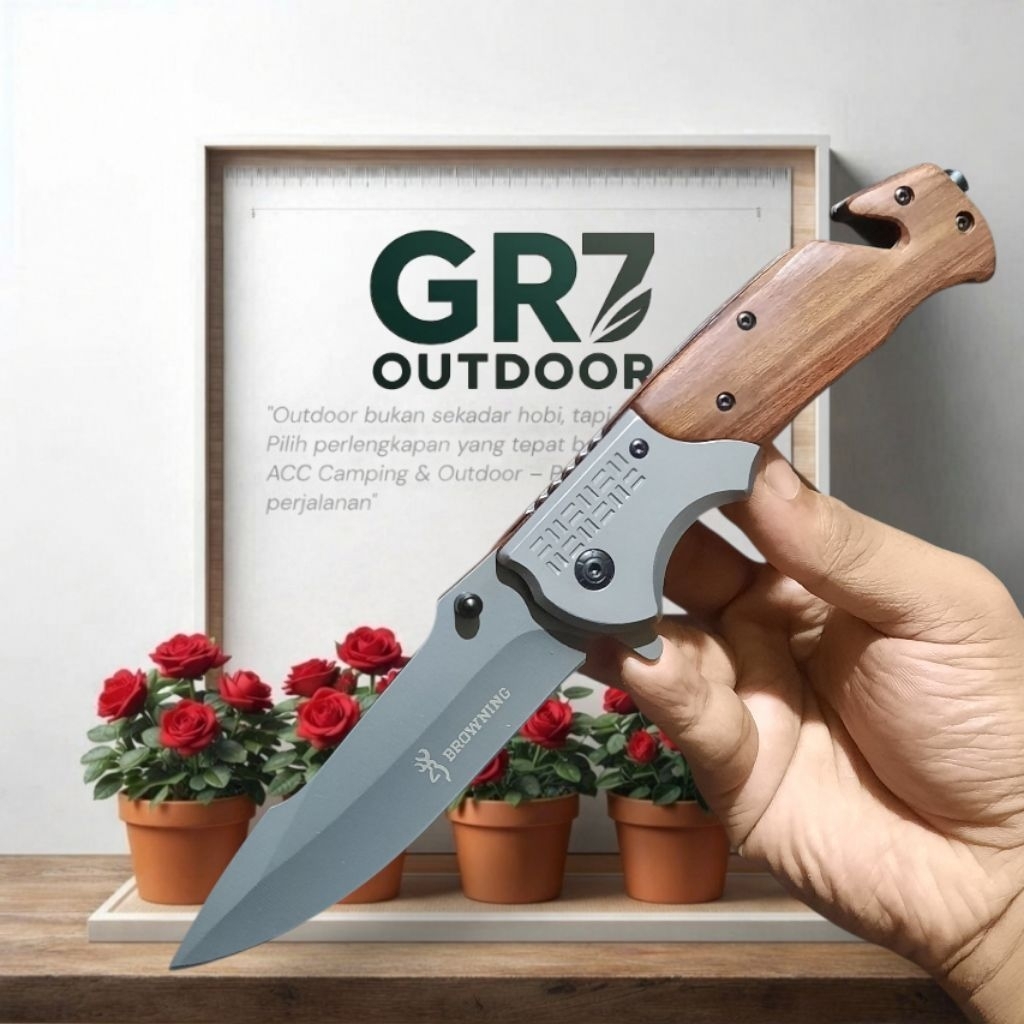 Pisau Survival Lipat Browning Titanium Gagang Kayu Ergonomis / Pisau Berburu / Survival Kit