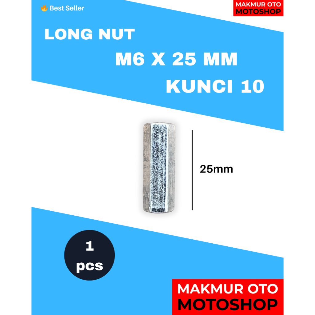 1 pcs Long Nut M6x25 Kunci 10 Drat 1.00 Mur Panjang