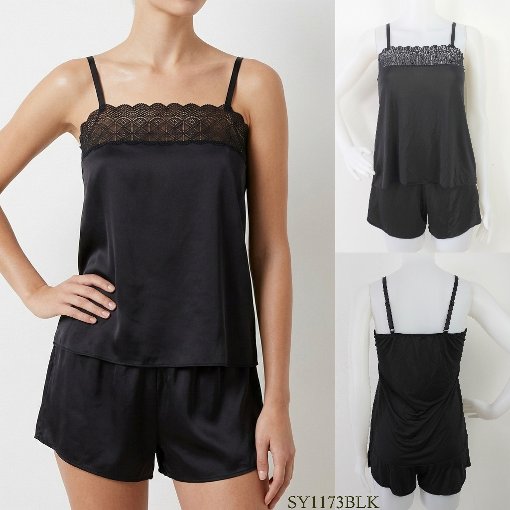 Baju Tidur Wanita Model Lingerie Set ST YVES Tanpa Busa Mix Lace Pakaian Dalam Underwear SY1173BLK