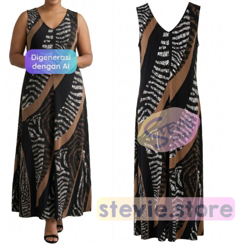 Ch*co's Plus Size Abstract Pattern Black White Gold Brown Sleeveless Long A-Line Dress Jumbo Motif B