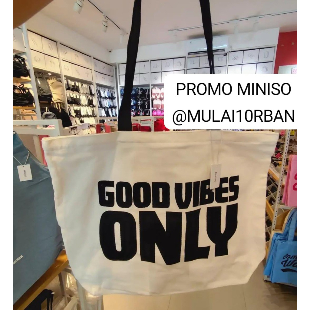miniso totebag tote bag tas bahu tas kuliah tas kerja tas cewek wanita perempuan cewe good vibes onl