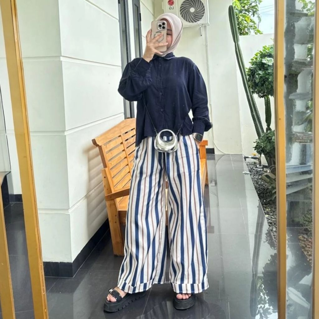 Jenna One Set Stripe Kombinasi Polos | Setelan Muslim Wanita Dewasa Celana Kulot Motif Salur Katun P