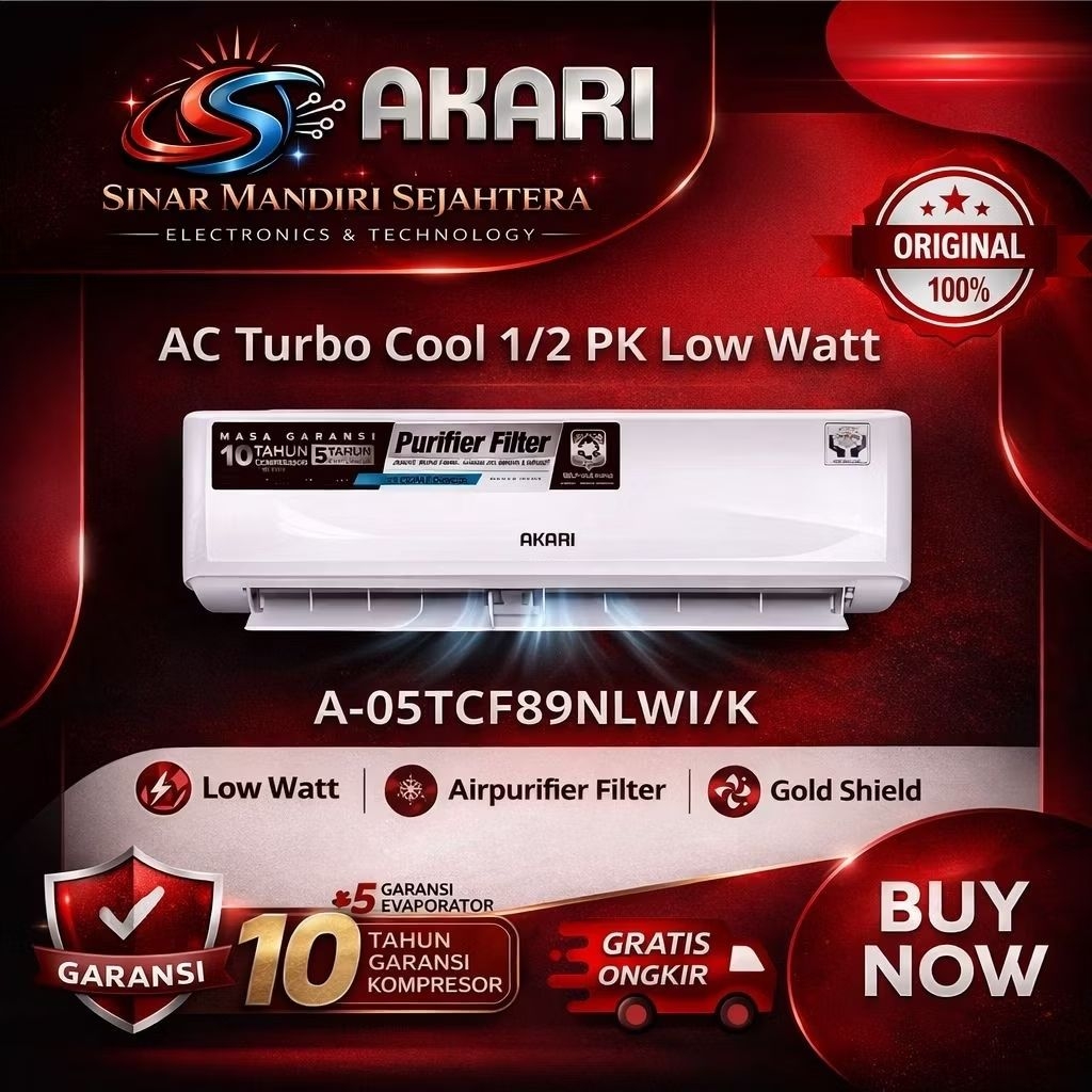 AC AKARI 1/2 PK Turbo Cool Low Watt A-05TCF89NLWI/K – Hemat Listrik, Self Cleaning, Air Purifier Fil