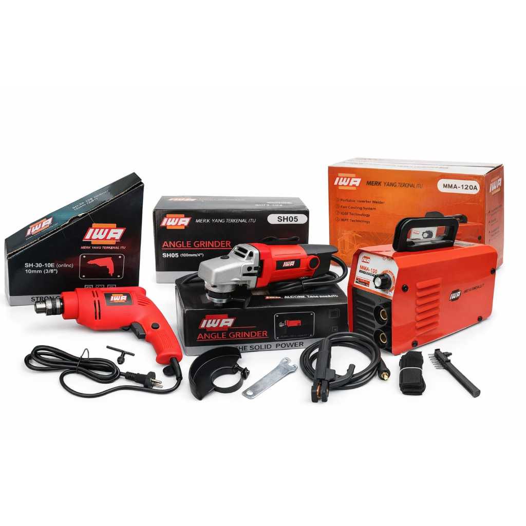 PROMO PAKET (3in1) Mesin Las Listrik 450 watt MMA 120A IGBT 450 watt + Mesin Gerinda 4inch + Bor 10m