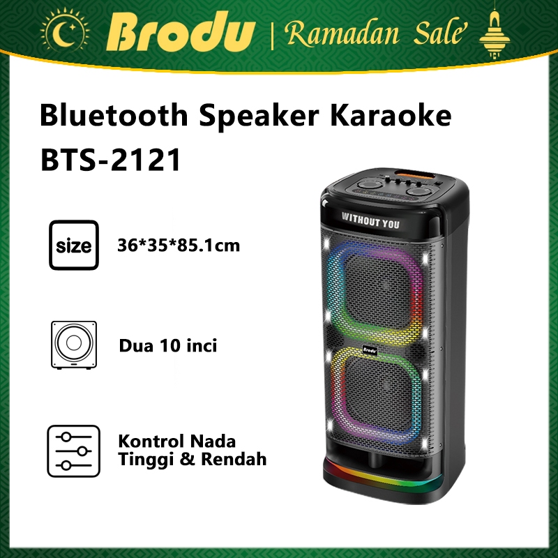 Speaker Karaoke Brodu BTS-2121 Dual 10 Inch dengan Lyric Display & 2 Mic Wireless - Speaker Party LE