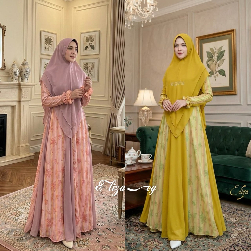 Eliza Syar'i / Gamis Ceruty BabyDoll mix Jersey Set Hijab Syar'i / COD