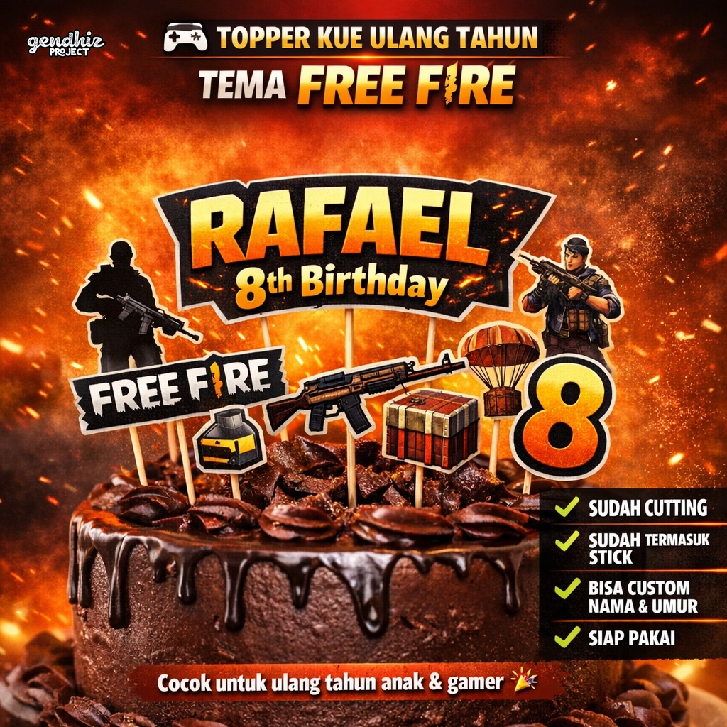 Topper Kue Ulang Tahun Anak Tema Free Fire Custom Nama & Umur | Cake Topper FF Gamer | Hiasan Kue Bi