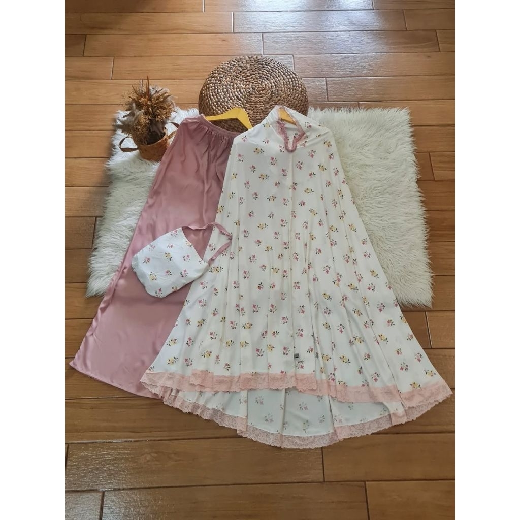 Mukena Selma bunga dusty pink tali karet faufauhijab