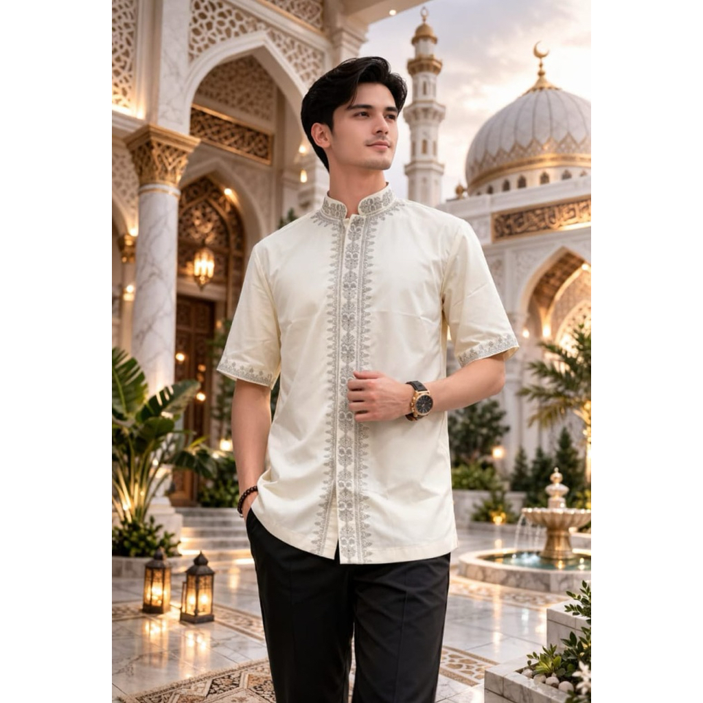 Baju Koko Pria butter yellow/ivory/cream/butterPremium Bordir Elegant | Koko Muslim Modern Lengan Pe