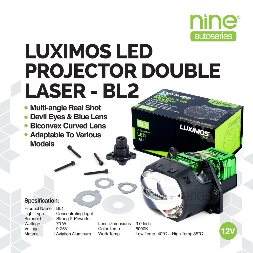 LUXIMOS BL2 Lampu Biled Double Laser 70W 3 Inch Projector Super Terang Putih Devil - NINE AUTOSERIES