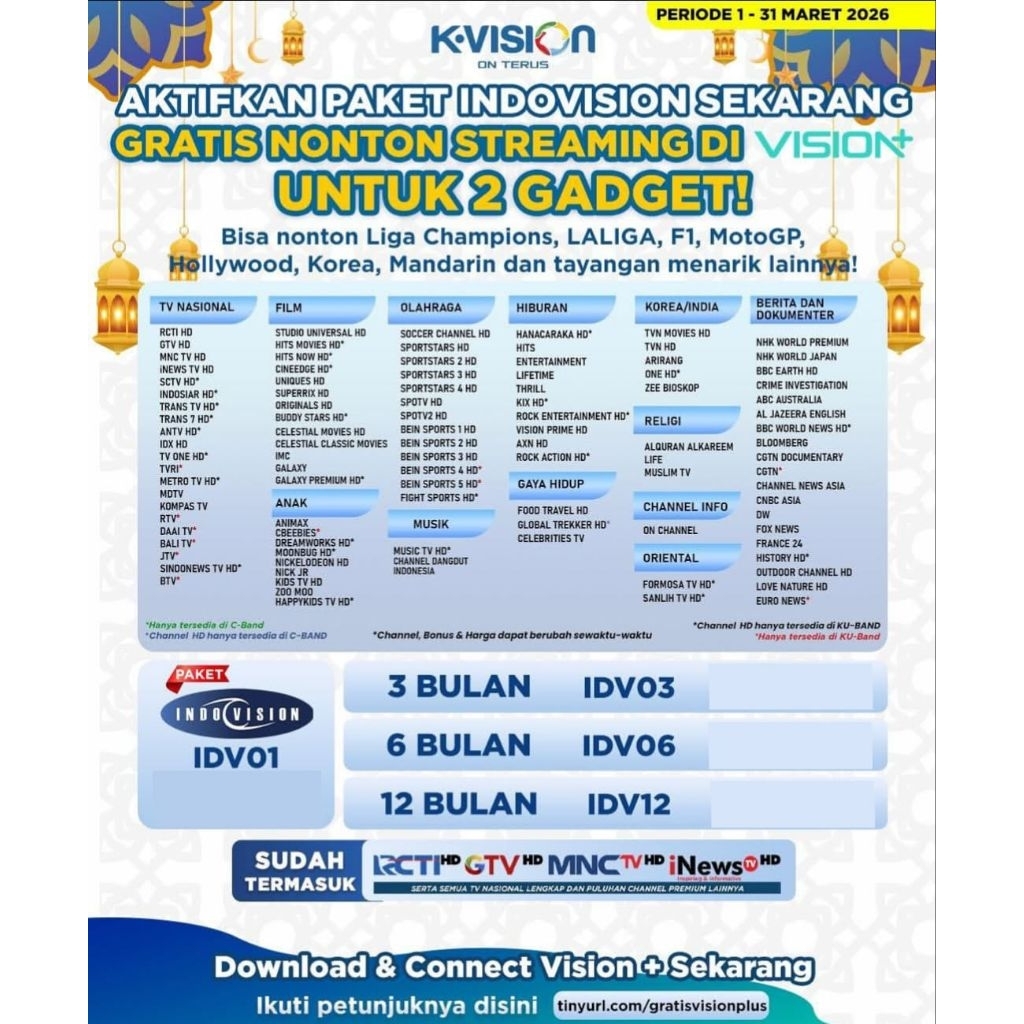 Voucher Kvision Paket Indovision IDV03 K-Vision 90 Hari Paket Lengkap Semua dapat Kecuali "Paket MVP