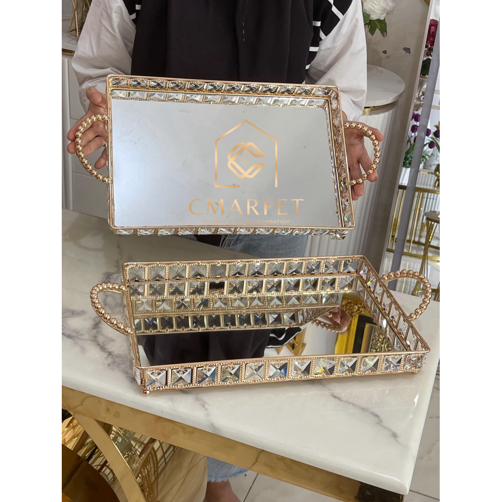 tray kaca / nampan kaca besi metal gold kristal dan akrilik