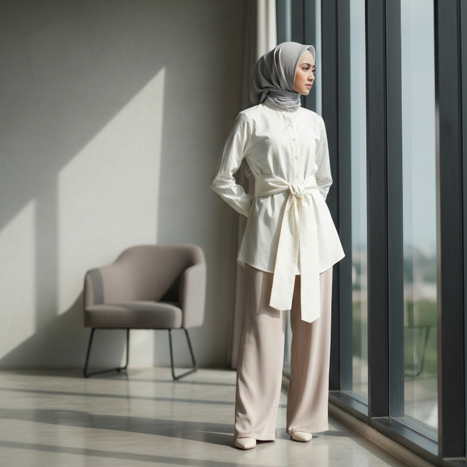 Scarlett Top Riamiranda - Kemeja Katun Belt Elegan Broken White Ukuran L & XL